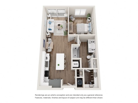 Floor plan for 1 bed, 1 bath, 745 sqft